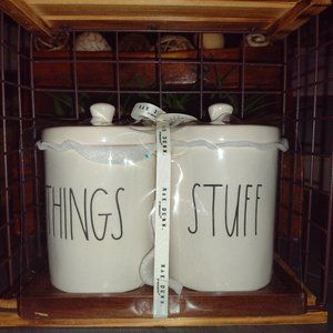 Rae Dunn Set of Things and Stuff canisters and tray.